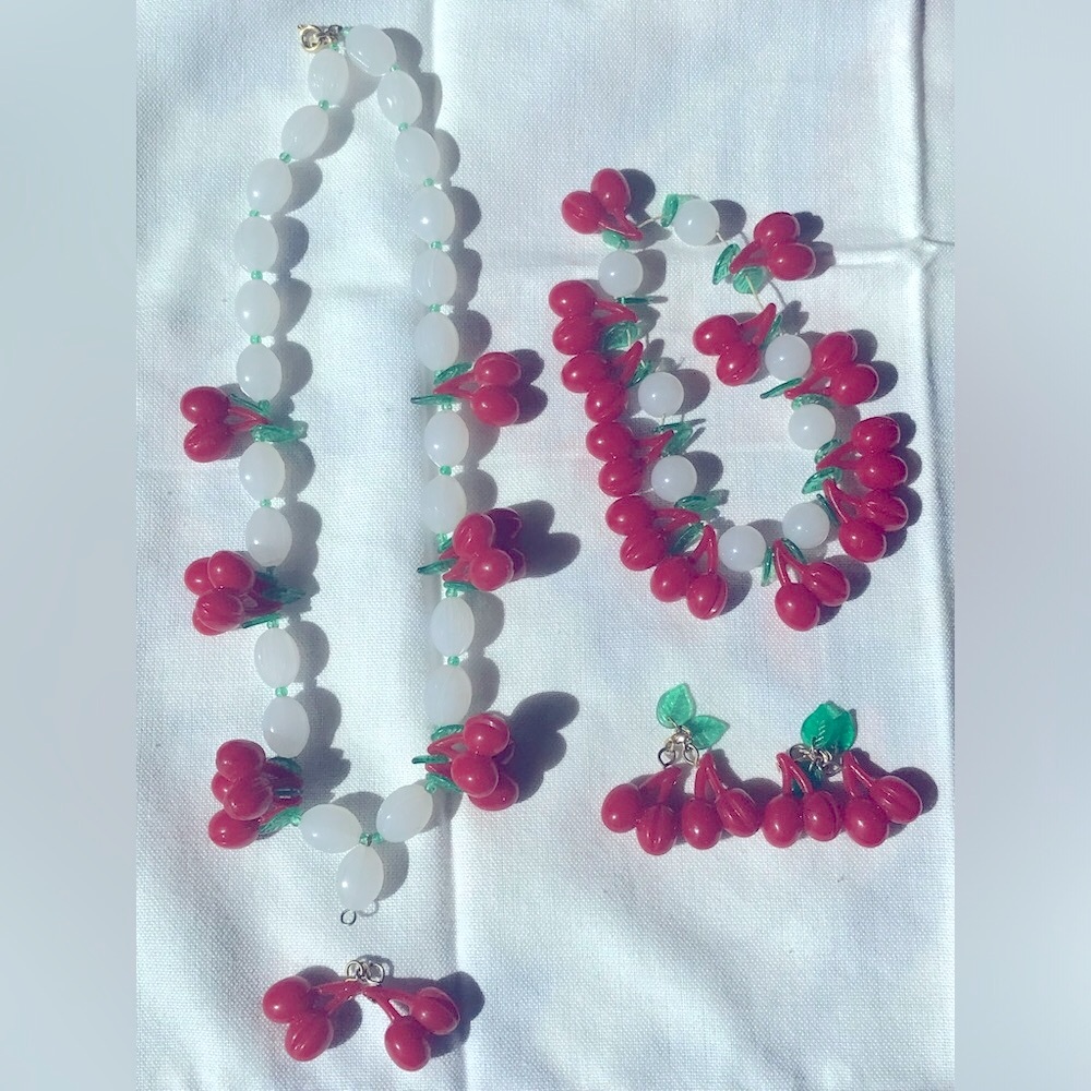 Vintage Celluloid Cherry Jewelry Set Necklace Earrings Bracelet